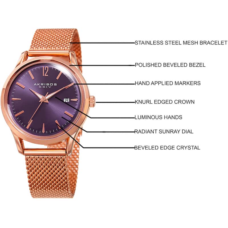 Akribos XXIV Women's Quartz Easy to Read Watch with Purple Mesh Bracelet
