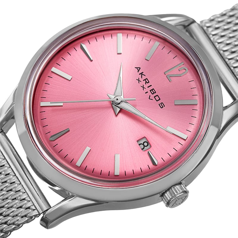 Akribos XXIV Women's Quartz Easy to Read Watch with Pink Mesh Bracelet