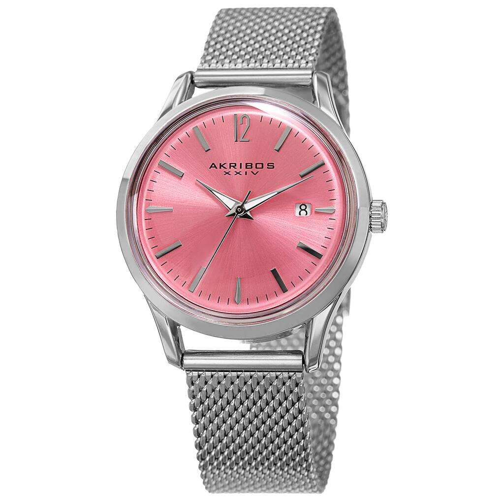 Akribos XXIV Women's Quartz Easy to Read Watch with Pink Mesh Bracelet