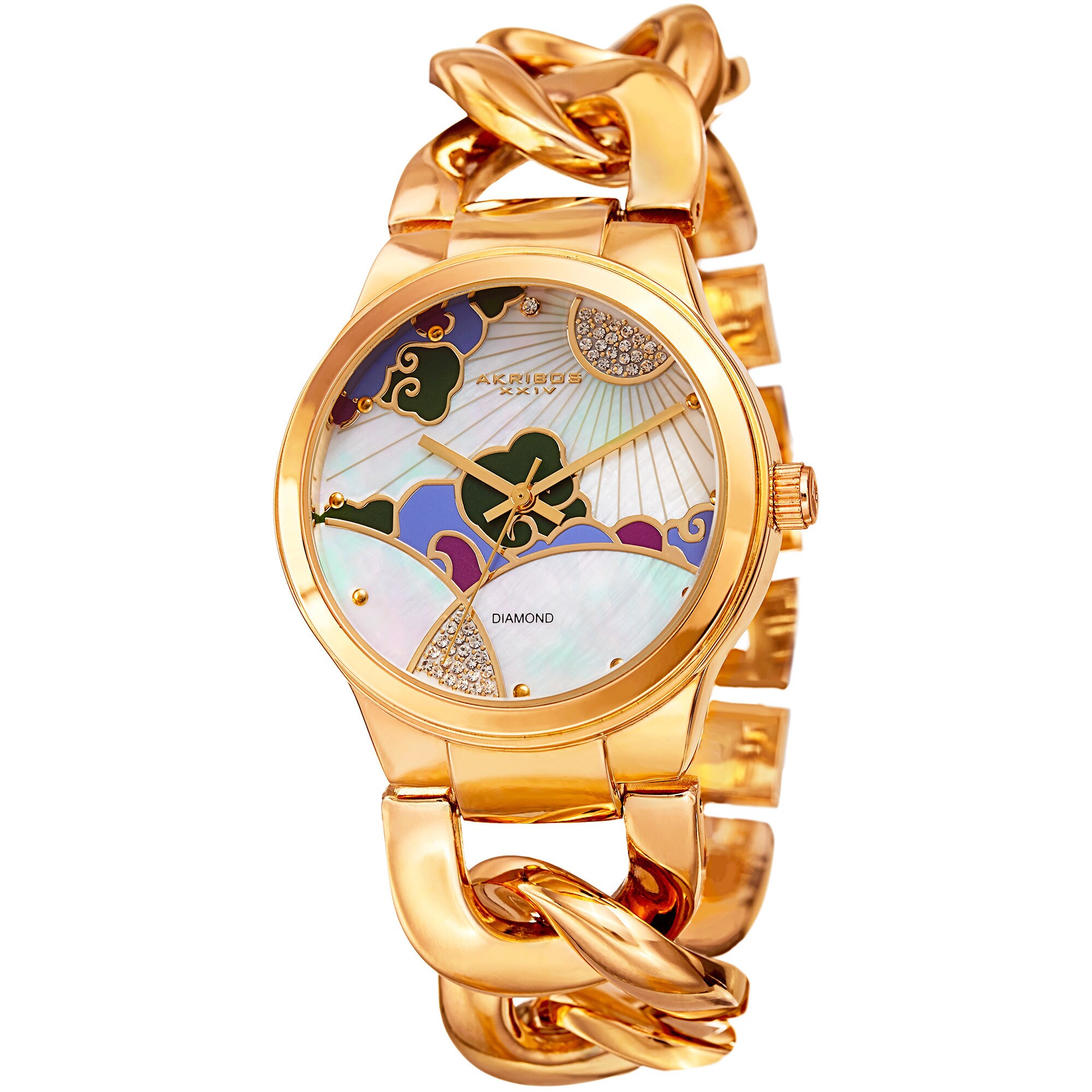 B♡ Akribos XXIV Women's Quartz Diamond Gold-Tone Chain Bracelet Watch