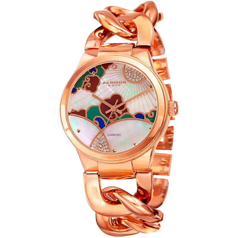 Akribos XXIV Women's Quartz Diamond Watch with Chain Bracelet - Rose-Tone
