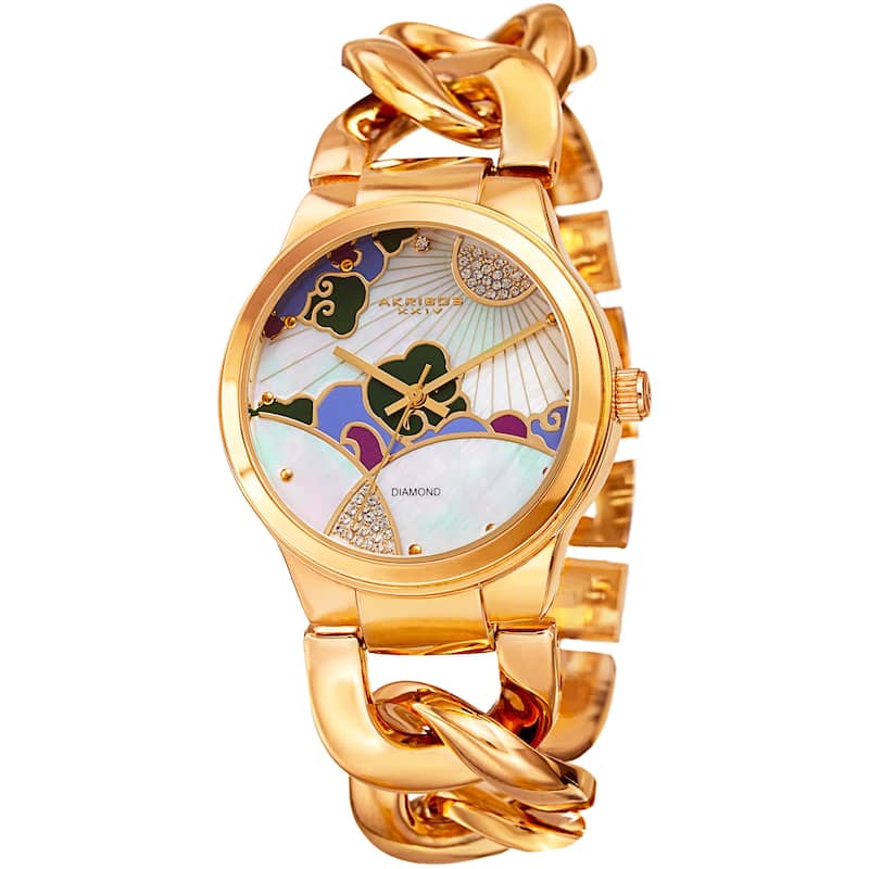 Akribos XXIV Women's Quartz Diamond Watch with Chain Bracelet - Gold-tone