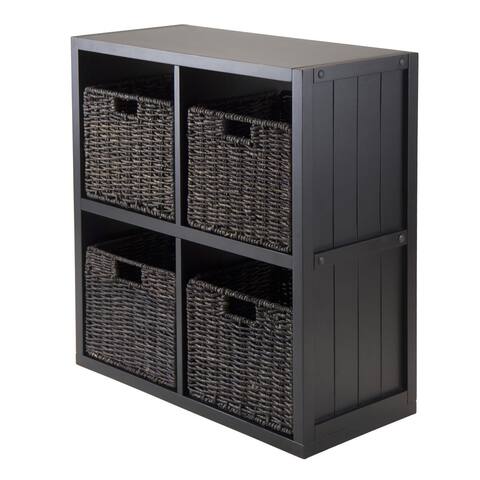 Winsome Black Wood 2 x 2 Storage Cube Wainscoting Panel Shelf with 4 Foldable Baskets