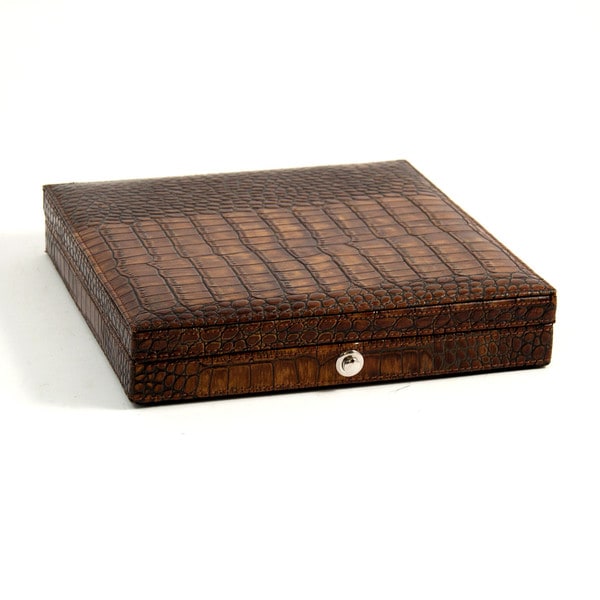 Bey Berk Brown Leather 9-inch x 9-inch x 1.75-inch Croco-debossed Cigar Humidor