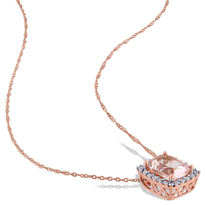 Miadora Signature Collection 14k Rose Gold Cushion-cut Morganite and 1/4ct TDW Diamond Halo Necklace (G-H, I1-I2) - Pink