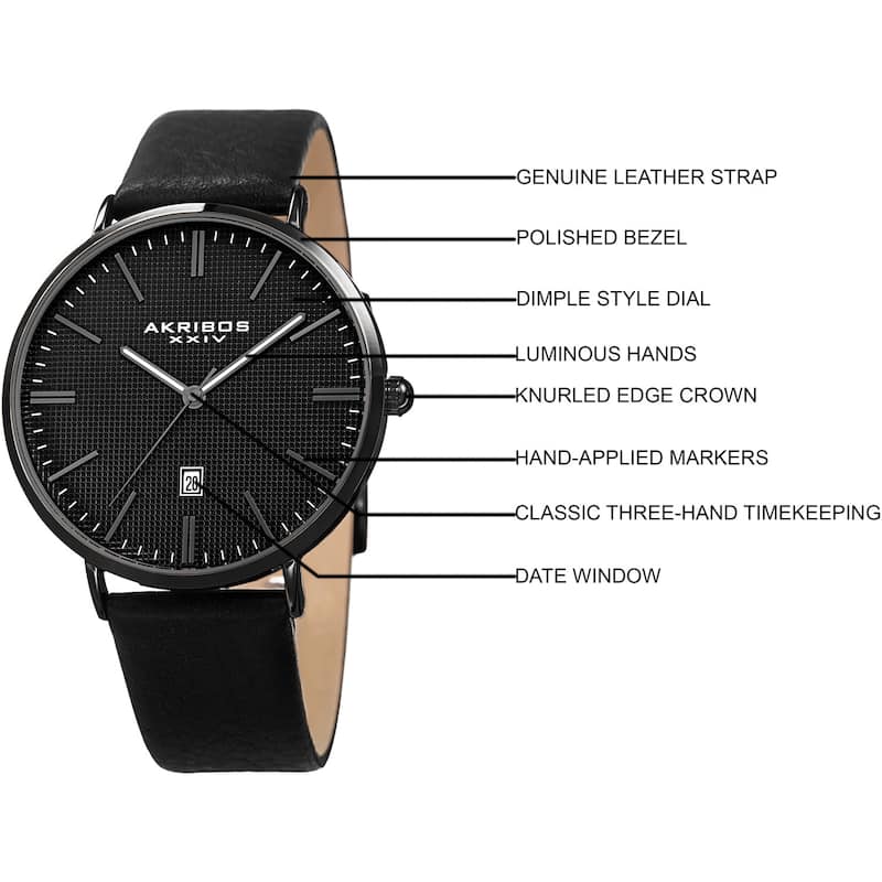 Akribos XXIV Men's Quartz Easy-to-Read Date Leather Black Strap Watch