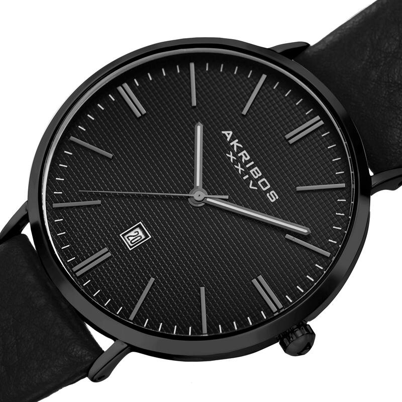 Akribos XXIV Men's Quartz Easy-to-Read Date Leather Black Strap Watch - Black