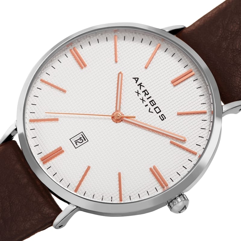 Akribos XXIV Men's Quartz Easy-to-Read Date Leather Black Strap Watch - Silver/Rose