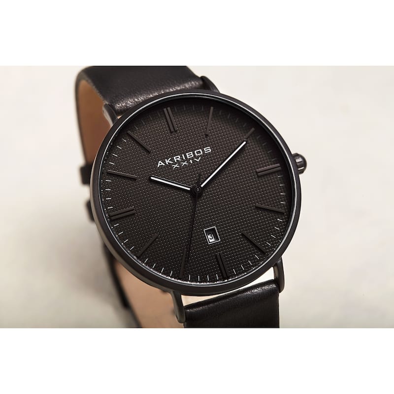 Akribos XXIV Men's Quartz Easy-to-Read Date Leather Black Strap Watch
