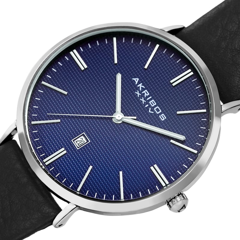 Akribos XXIV Men's Quartz Easy-to-Read Date Leather Black Strap Watch