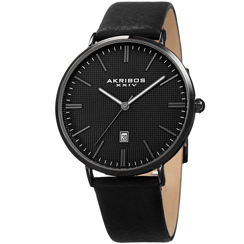 Akribos XXIV Men's Quartz Easy-to-Read Date Leather Black Strap Watch