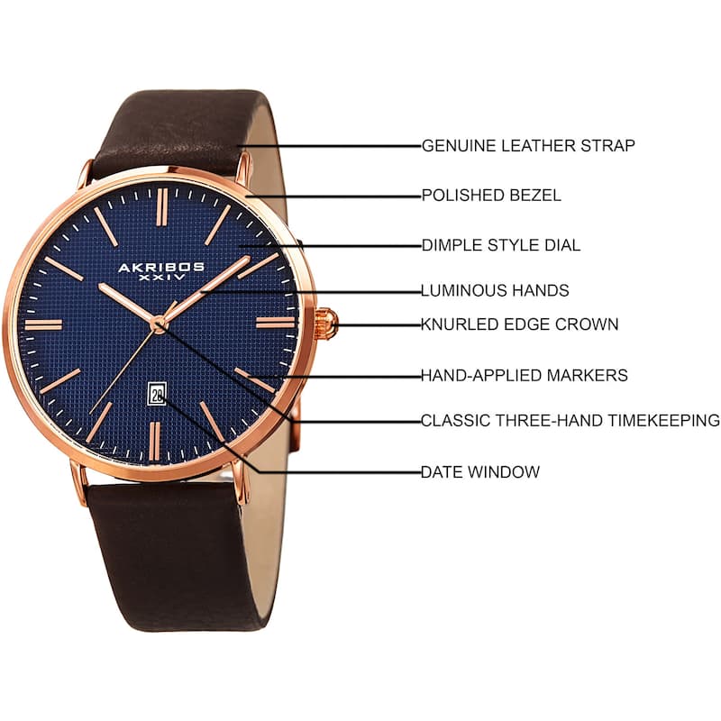 Akribos XXIV Men's Quartz Easy-to-Read Date Leather Rose-Tone Strap Watch