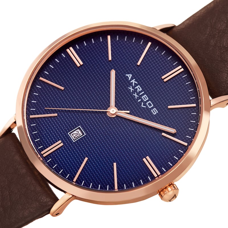 Akribos XXIV Men's Quartz Easy-to-Read Date Leather Rose-Tone Strap Watch