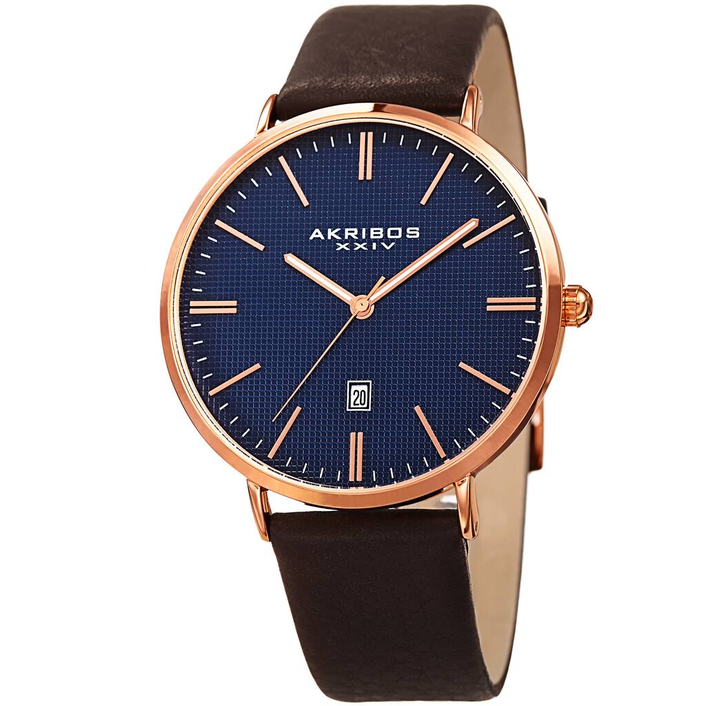 Akribos XXIV Men's Quartz Easy-to-Read Date Leather Rose-Tone Strap Watch