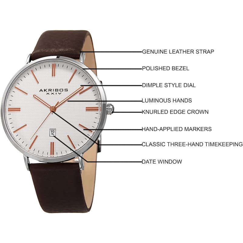 Akribos XXIV Men's Quartz Easy-to-Read Date Leather Silver-Tone Strap Watch