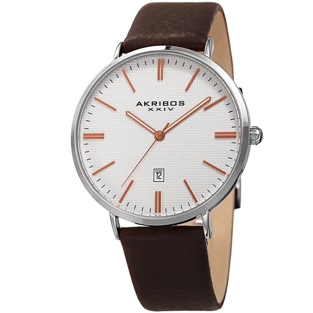 Akribos XXIV Men's Quartz Easy-to-Read Date Leather Silver-Tone Strap Watch