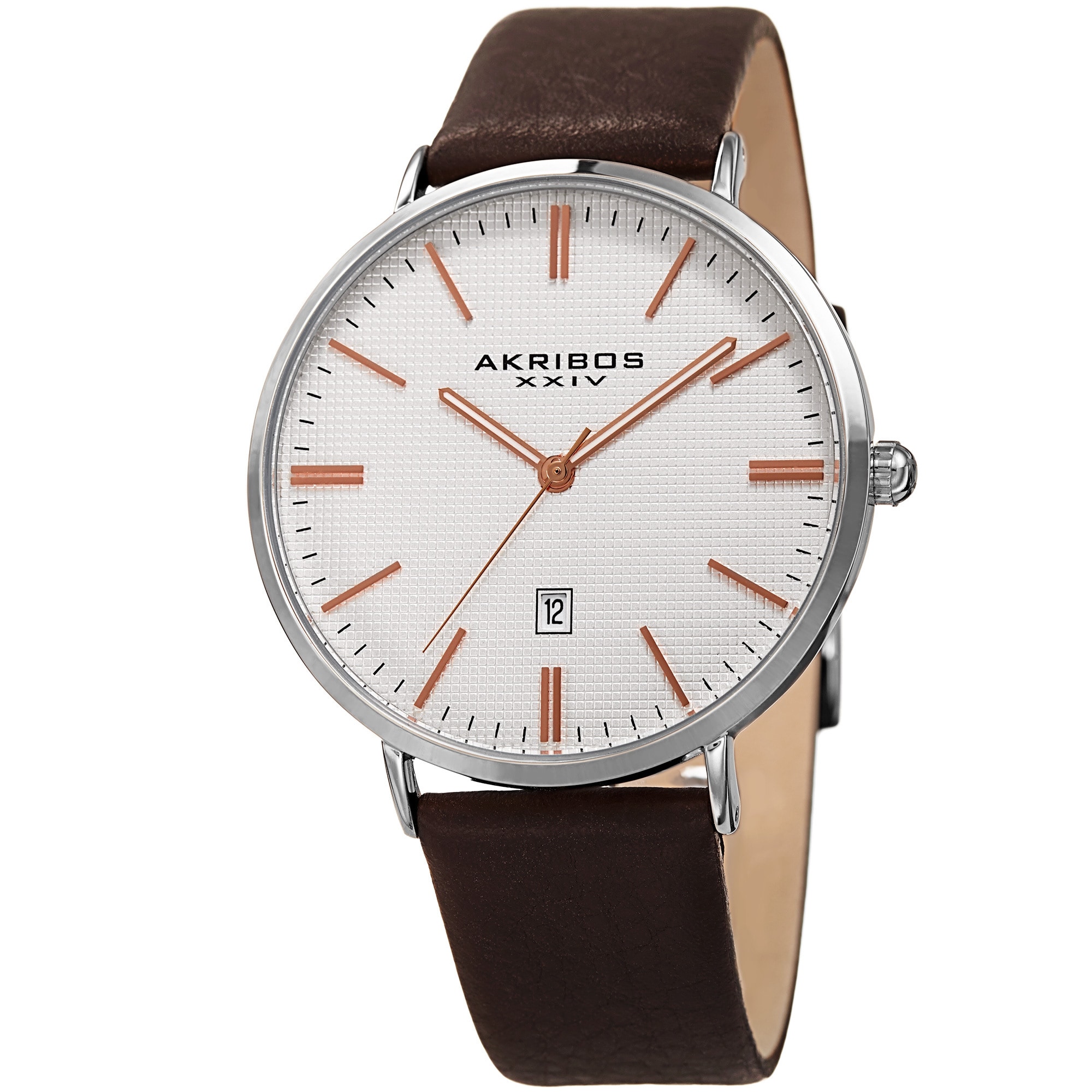 Akribos XXIV Men's Quartz Easy-to-Read Date Leather Silver-Tone Strap Watch