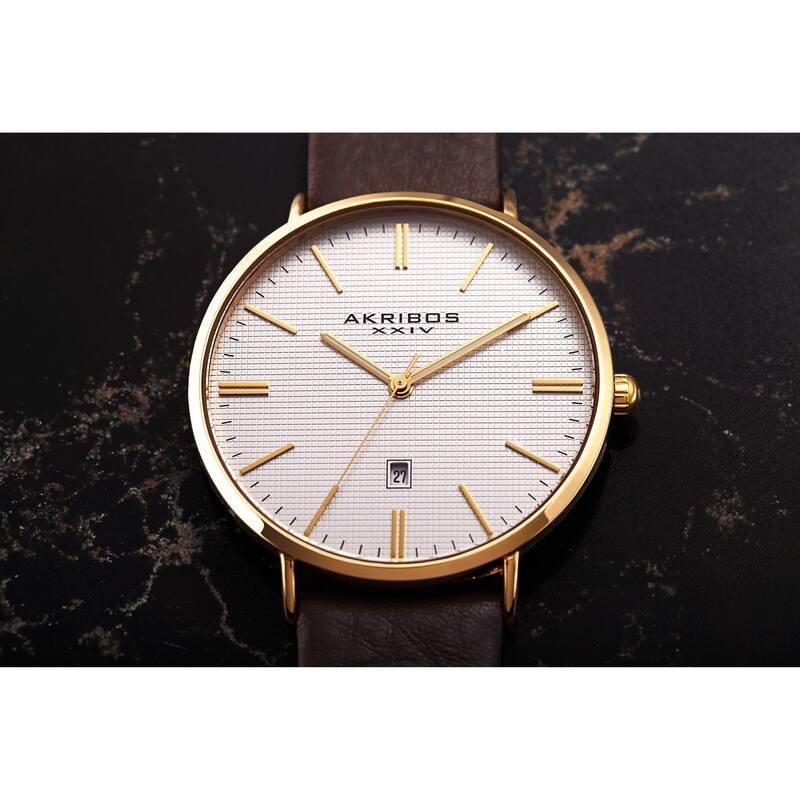 Akribos XXIV Men's Quartz Easy-to-Read Date Leather Gold-Tone Strap Watch