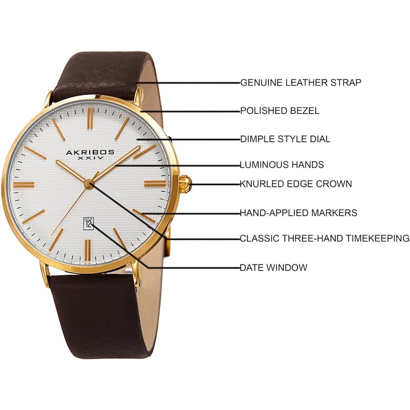 Akribos XXIV Men's Quartz Easy-to-Read Date Leather Gold-Tone Strap Watch