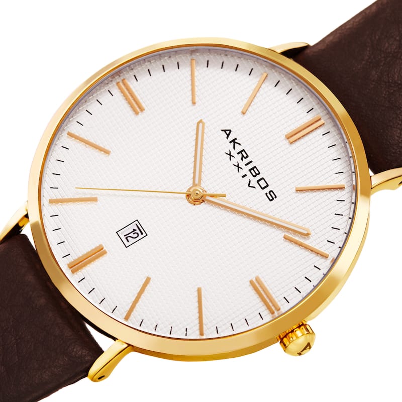 Akribos XXIV Men's Quartz Easy-to-Read Date Leather Gold-Tone Strap Watch