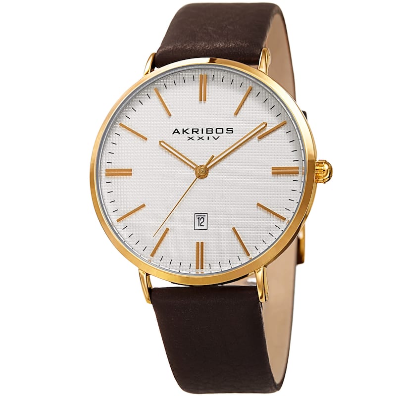 Akribos XXIV Men's Quartz Easy-to-Read Date Leather Gold-Tone Strap Watch