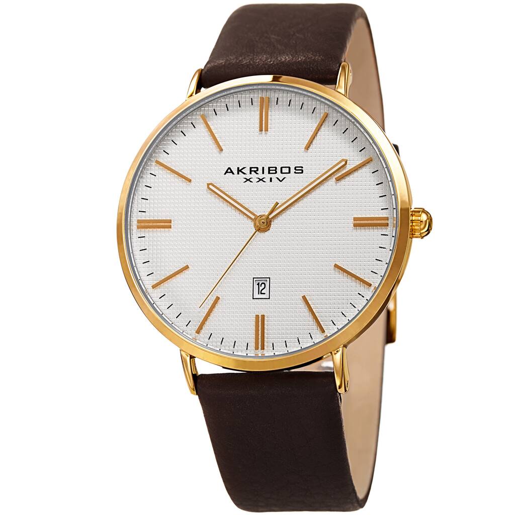 Akribos XXIV Men's Quartz Easy-to-Read Date Leather Gold-Tone Strap Watch