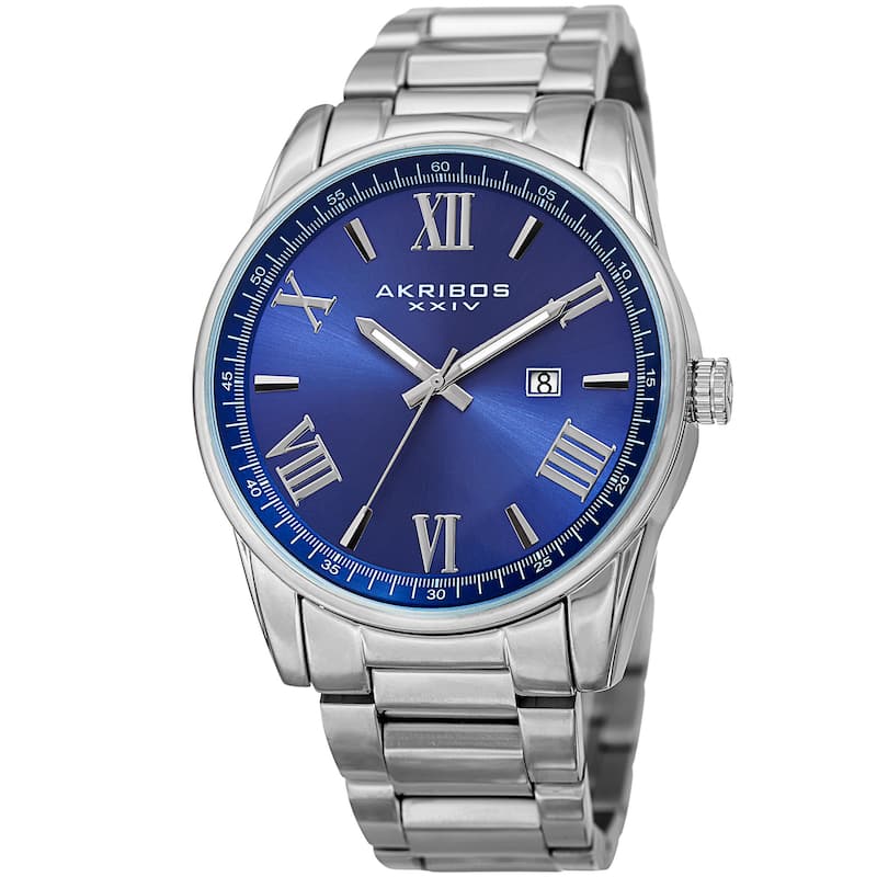 Akribos XXIV Men's Quartz Date Stainless Steel Silver-Tone Bracelet Watch