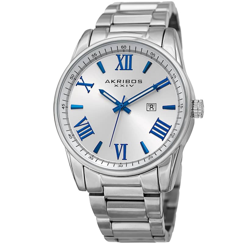 Akribos XXIV Men's Quartz Date Stainless Steel Silver-Tone Bracelet Watch
