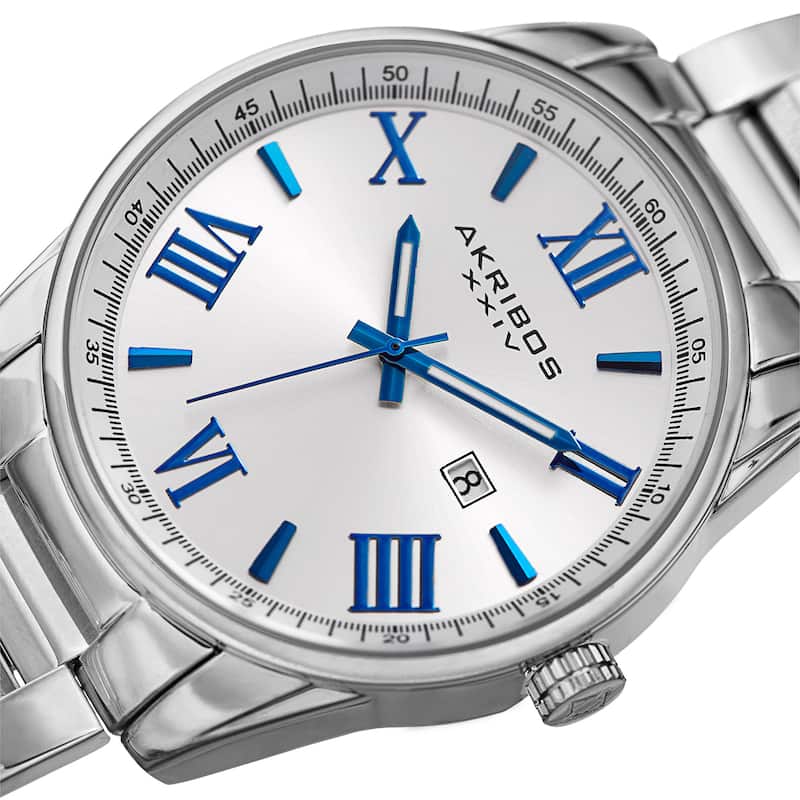 Akribos XXIV Men's Quartz Date Stainless Steel Silver-Tone Bracelet Watch