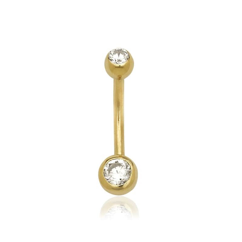 14k Gold Double Cubic Zirconia Bezel-set Belly Navel Ring (14 gauge) - White - Yellow