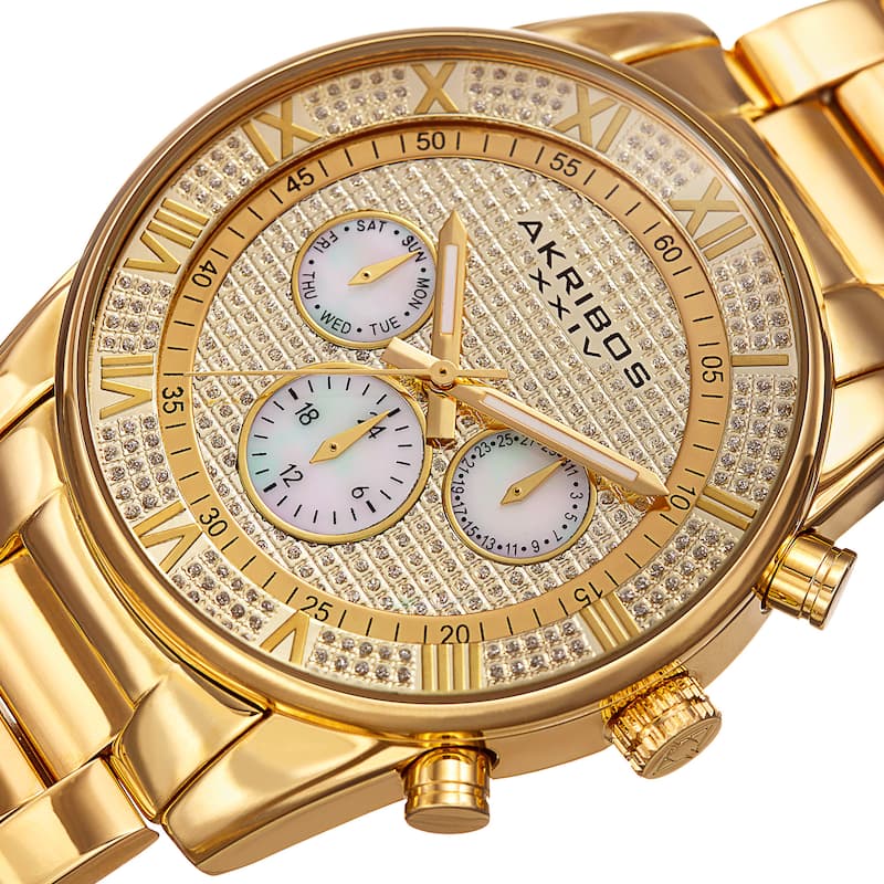 Akribos XXIV Mens Swiss Quartz Crystal Multifunction Stainless Steel Gold-Tone Bracelet