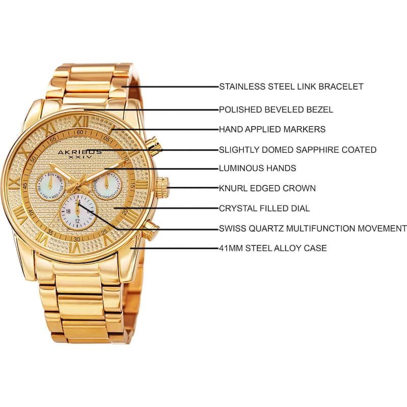 Akribos XXIV Mens Swiss Quartz Crystal Multifunction Stainless Steel Gold-Tone Bracelet