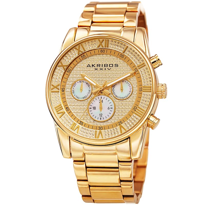 Akribos XXIV Mens Swiss Quartz Crystal Multifunction Stainless Steel Gold-Tone Bracelet