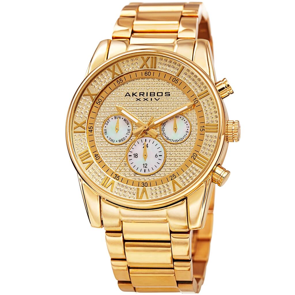 Akribos XXIV Mens Swiss Quartz Crystal Multifunction Stainless Steel Gold-Tone Bracelet