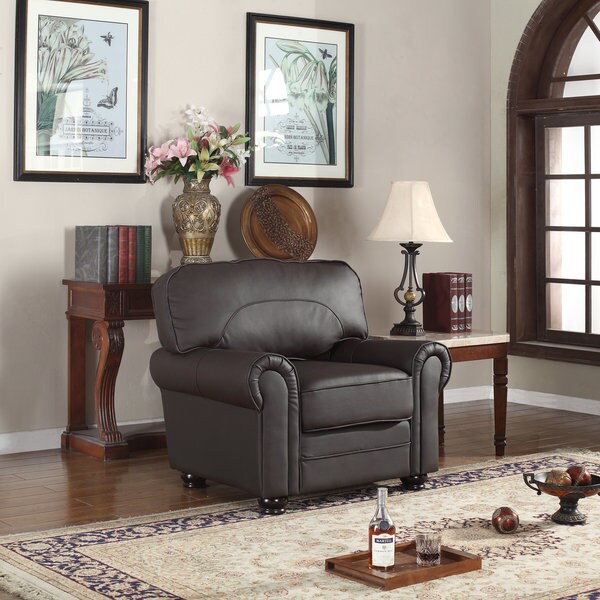 Shop Traditional REAL Leather Upholstered Scroll Armchair (Brown