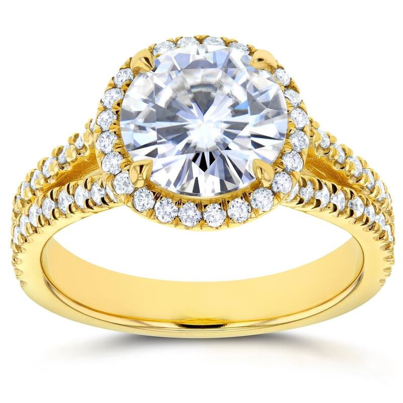 Annello by Kobelli 14k Gold 2 2/5ct TGW Round Classic Moissanite and Diamond Halo Split Shank Engagement Ring