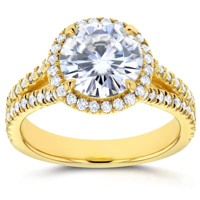Annello by Kobelli 14k Gold 2 2/5ct TGW Round Classic Moissanite and Diamond Halo Split Shank Engagement Ring