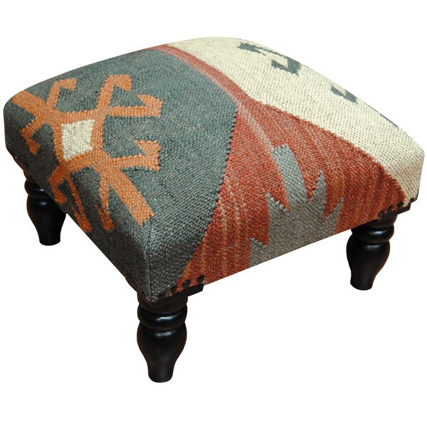 Handmade Herat Oriental Indo Wool & Jute Kilim Upholstered Wooden Stool (India)