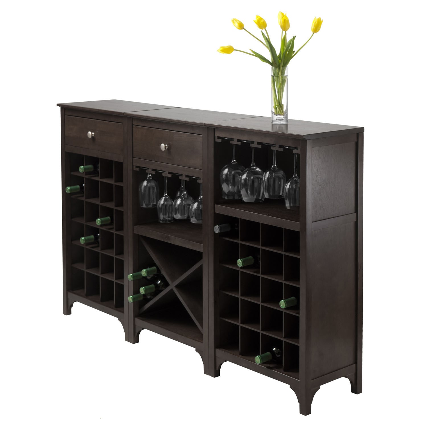 Bar Cabinet 24-Bottle Espresso Wood Drawer 19.09 in W x 12.60 in D x 37.52 in.