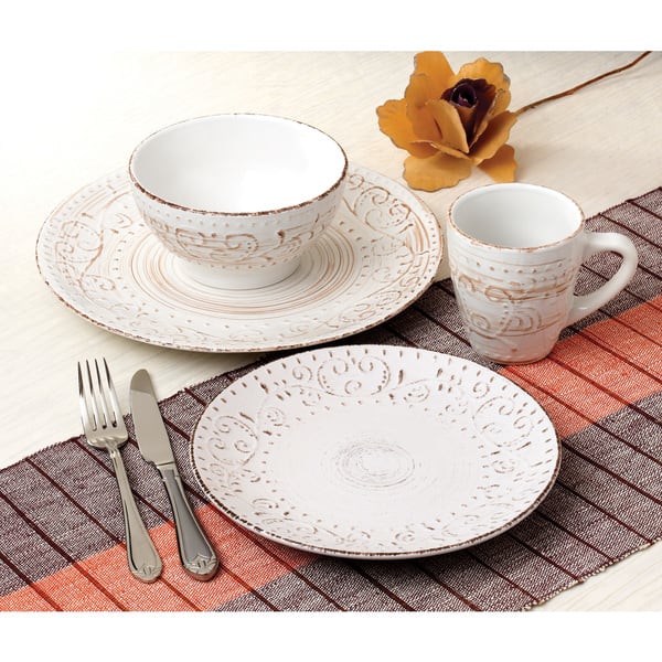 Lorren Home Trends Round 16-piece Distressed White Stoneware