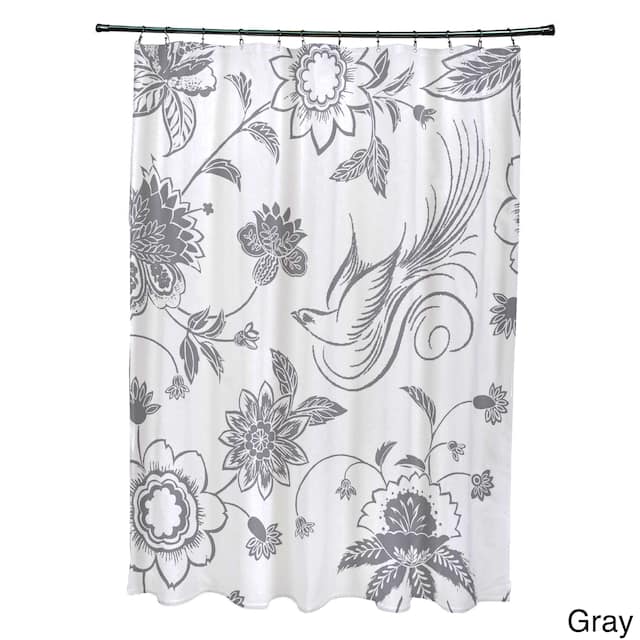71 x 74-inch Traditional Bird Floral Print Shower Curtain - Grey
