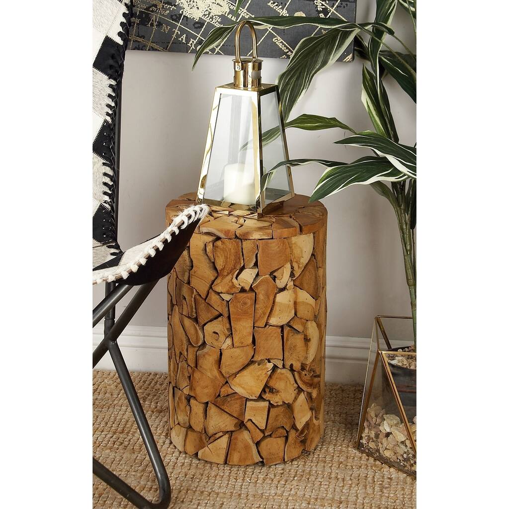 Beige and Ivory Wood/Leather Ottoman
