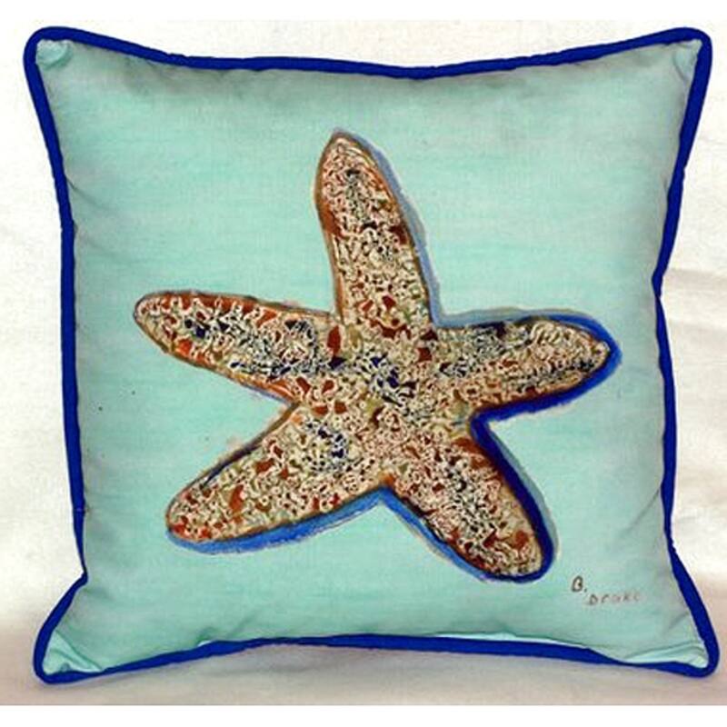 Betsy Drake Starfish Teal Polyester 22-inch x 22-inch Indoor/Outdoor Throw Pillow