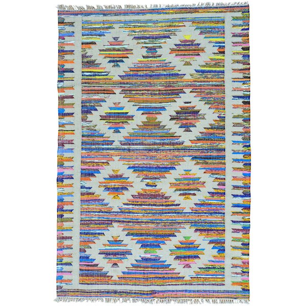 Multicolor Hand Woven Dazzling Kilim Wool and Sari Silk Oriental Rug (6