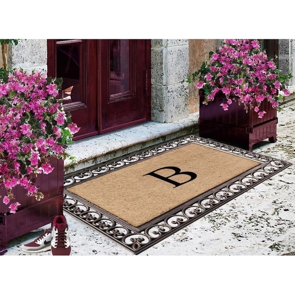 First Impression Natural/ Brown Rubber/ Coir Classic Paisley Border Extra-large Double door Monogrammed Doormat-30" x 48"