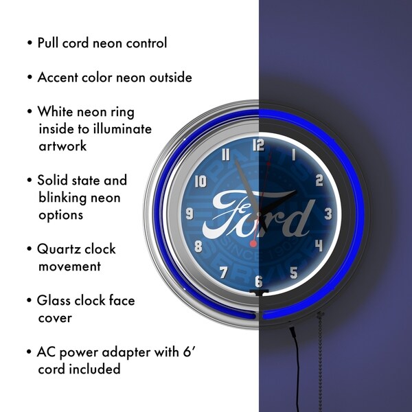 Ford Chrome Double Rung Neon Clock - Ford Genuine Parts