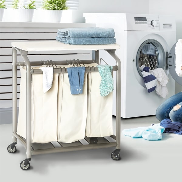 Seville Classics Mobile 3-Bag Laundry Hamper Sorter Cart with Folding Table