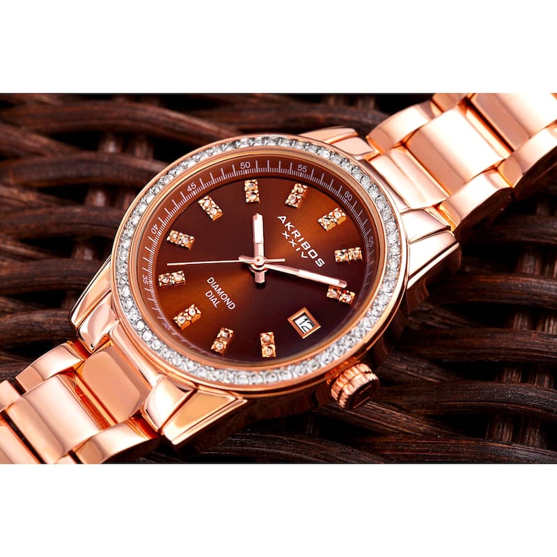 Akribos XXIV Women's Quartz Diamond Stainless Steel Rose-Tone Bracelet Watch