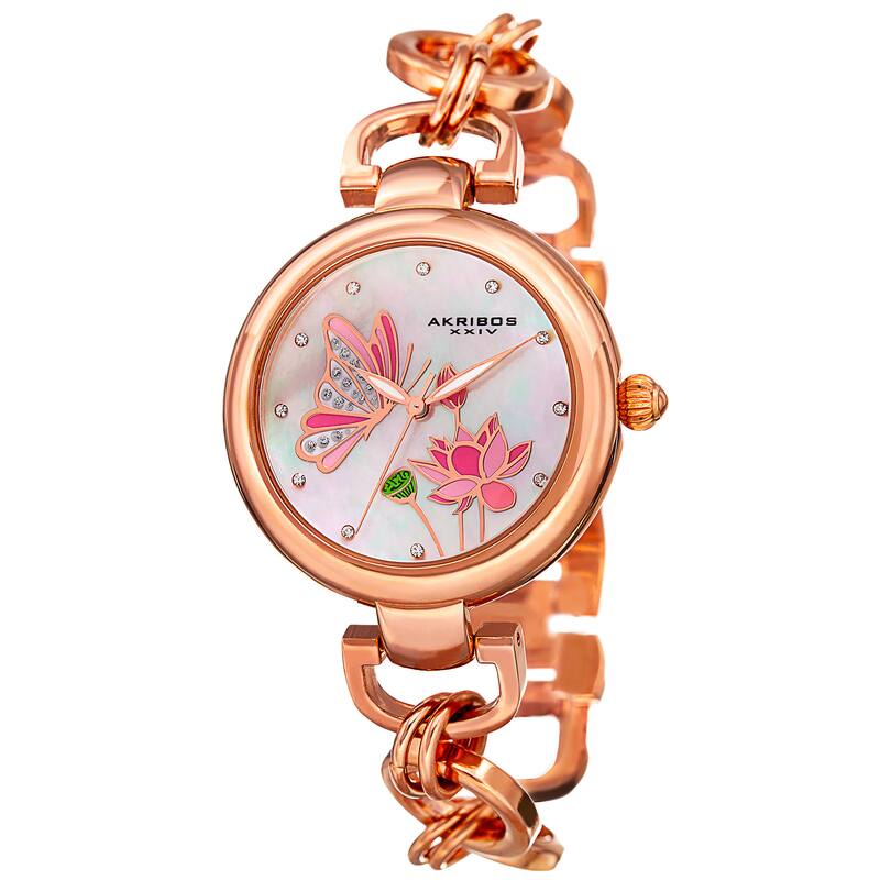 Akribos XXIV Women's Quartz Swarovski Crystal Chain Style Rose-Tone Bracelet Watch