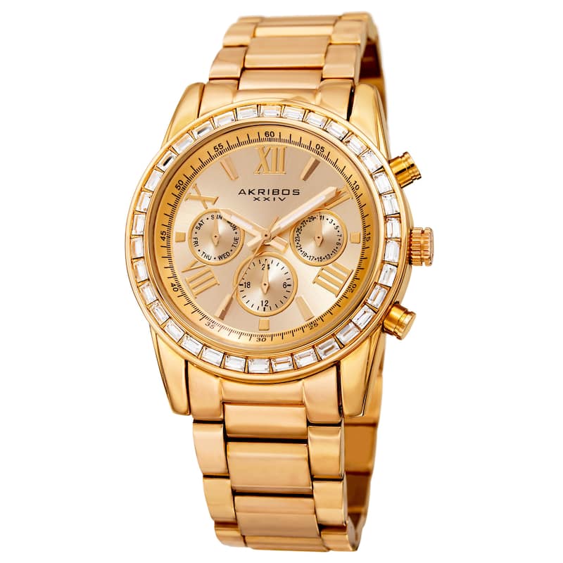 Akribos XXIV Women's Swiss Quartz Multifunction Swarovski Crystal Gold-Tone Bracelet Watch
